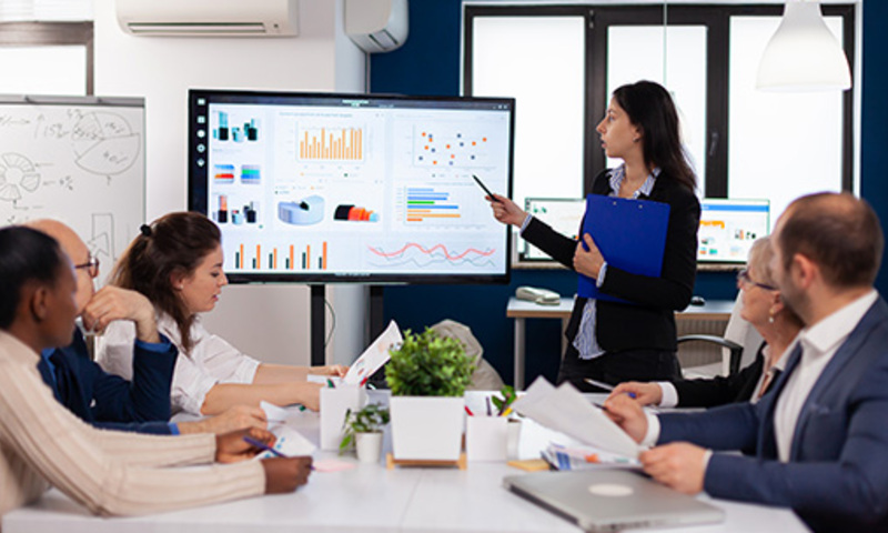 a female accountant consultant giving a presentation infront of a group